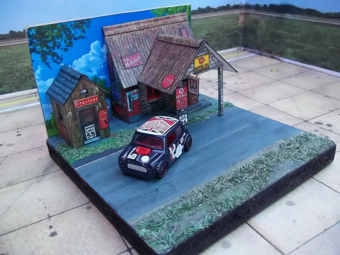 maquetas armadas Diorama estacion de servicio "Ruta 66" 1/64