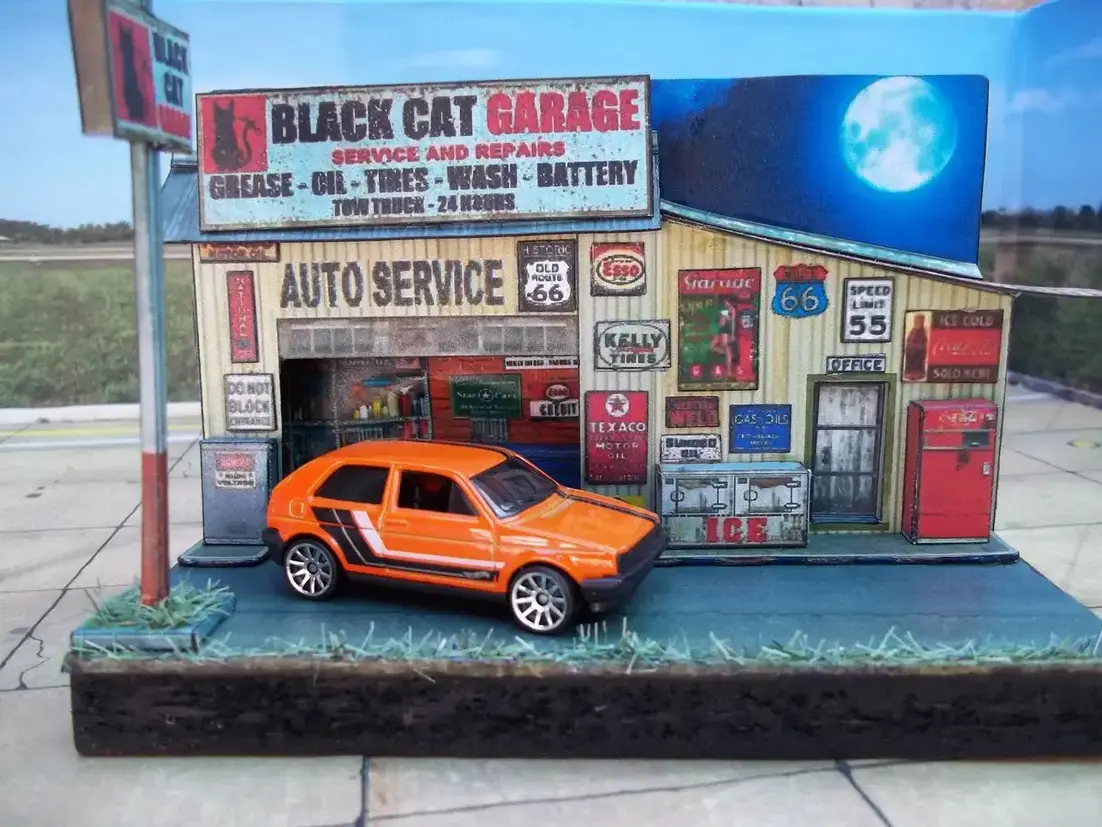maquetas armadas Diorama taller "Black Cat" 1/64