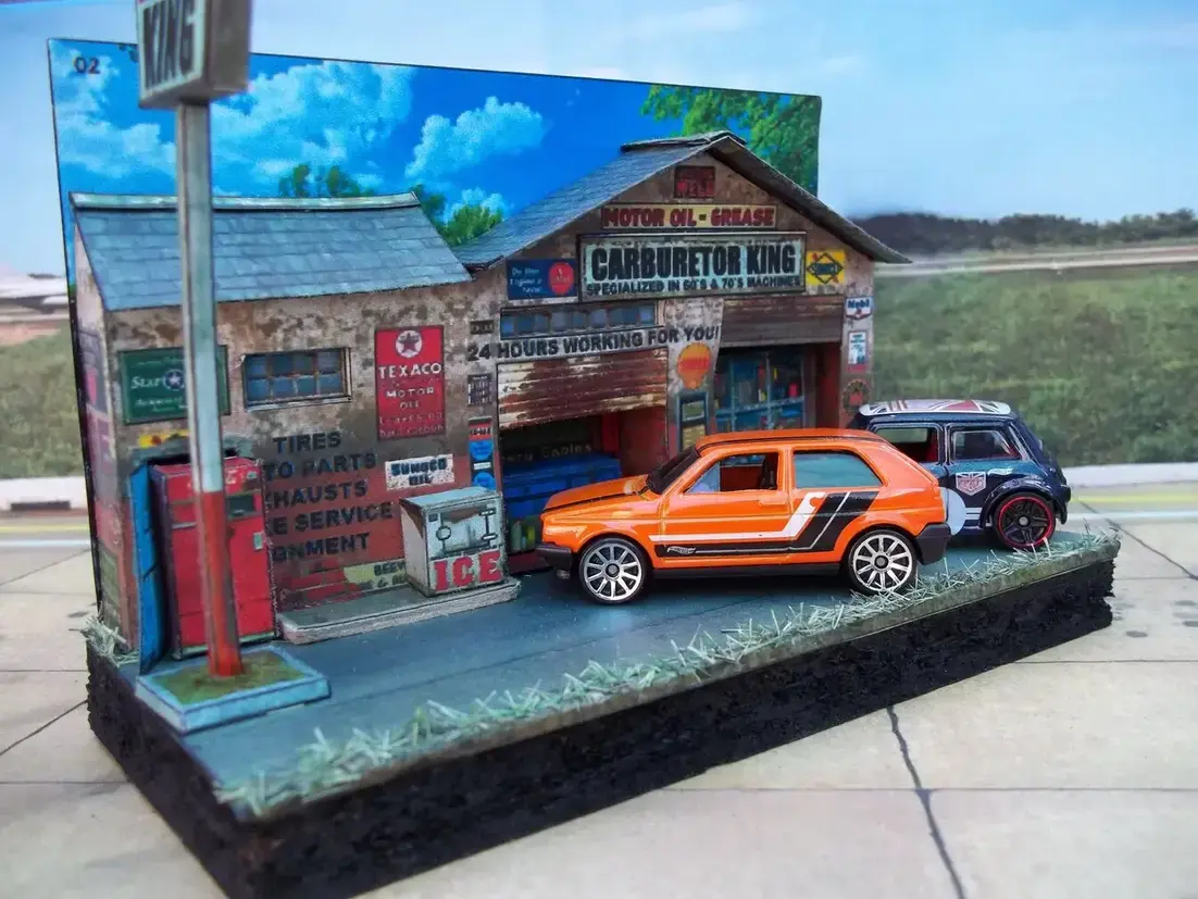 maquetas armadas Diorama taller "Carburator king" 1/64