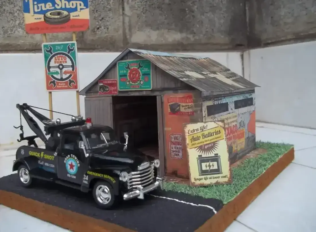 maquetas armadas CHEVROLET 3100 WRECKER-TALLER TYRE SHOPS MEJORADO(DIORAMA)